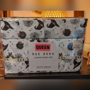 Rae Dunn Queen Sheet Set Witch Cauldron Shoes Hat Stars Halloween Spiderweb